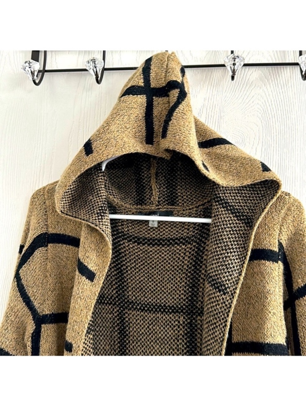 Long Hooded Grid-Pattern Cardigan - Camel/Black Size S - Picture 6 of 7